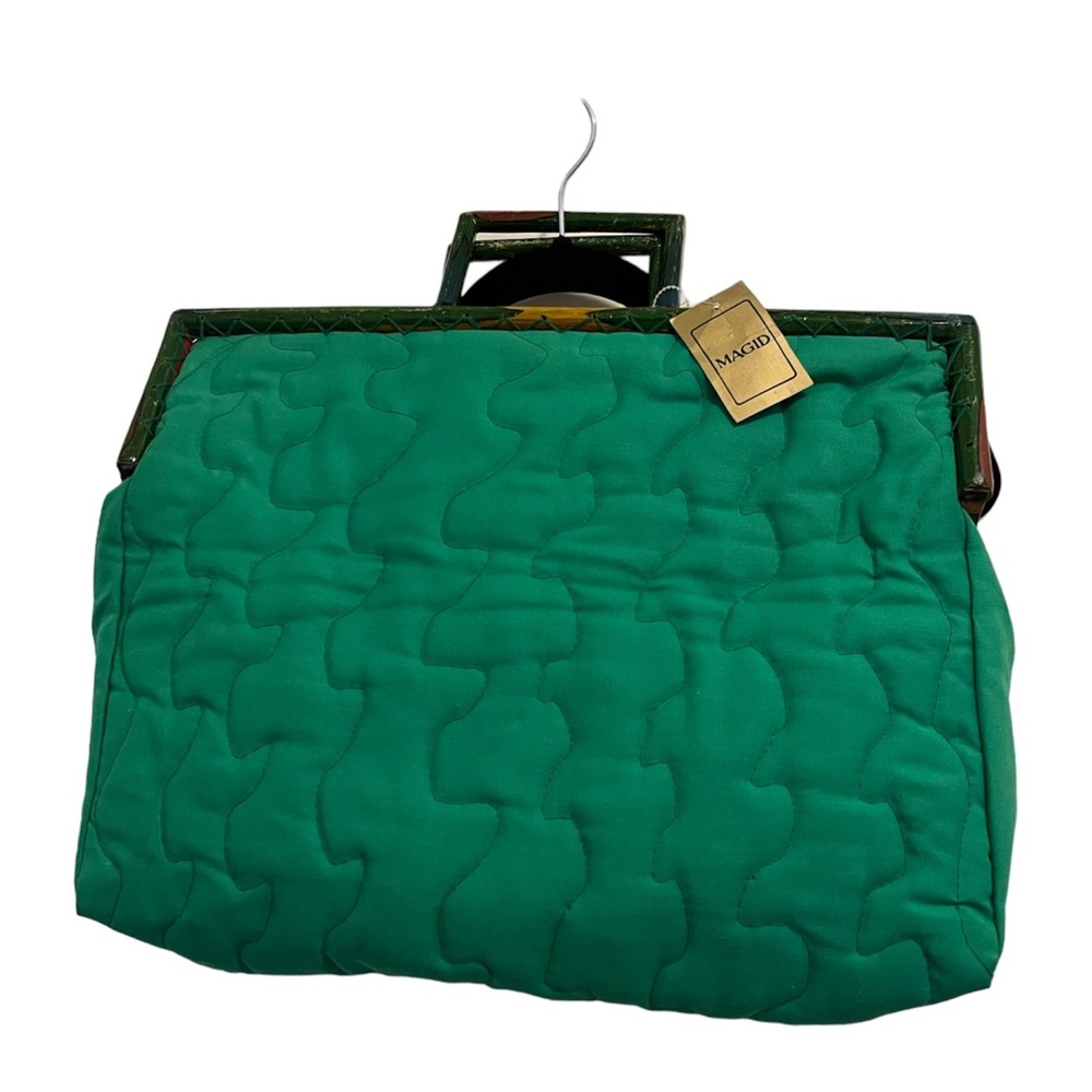 NWT Magid Tote Bag Kelly Green Quilted Fabric, Wood Top Handle, Snap Close